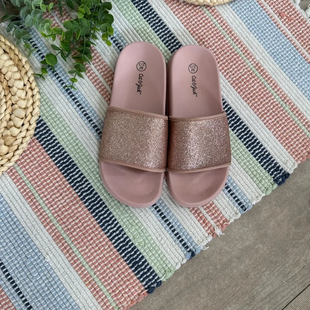 New Cat & Jack Girls Rose Pink Glitter Slide Sandals Size Medium 2/3